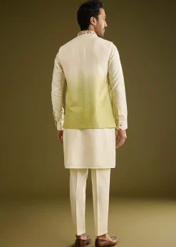 Pista Ombre Green Silk Kurta Jacket Set With Thread Work