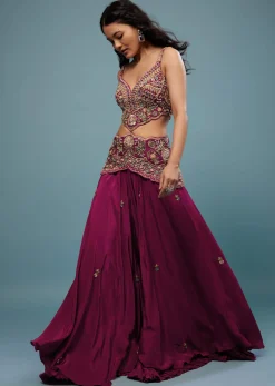 Plum Purple Embroidered Jumpsuit In Satin