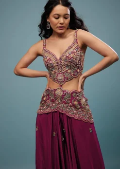 Plum Purple Embroidered Jumpsuit In Satin