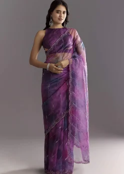 Plum Purple Shaded Organza Saree With Cutdana And Sequin Embroidery