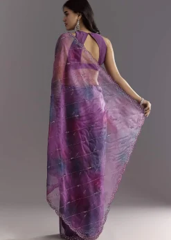 Plum Purple Shaded Organza Saree With Cutdana And Sequin Embroidery
