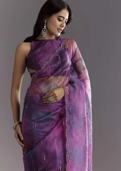 Plum Purple Shaded Organza Saree With Cutdana And Sequin Embroidery