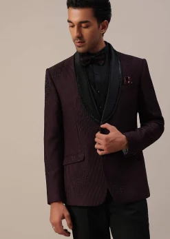 Plum Purple Stone Studded Tuxedo Set In Polyester