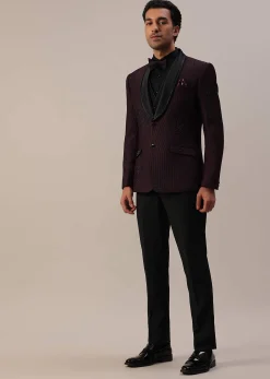 Plum Purple Stone Studded Tuxedo Set In Polyester