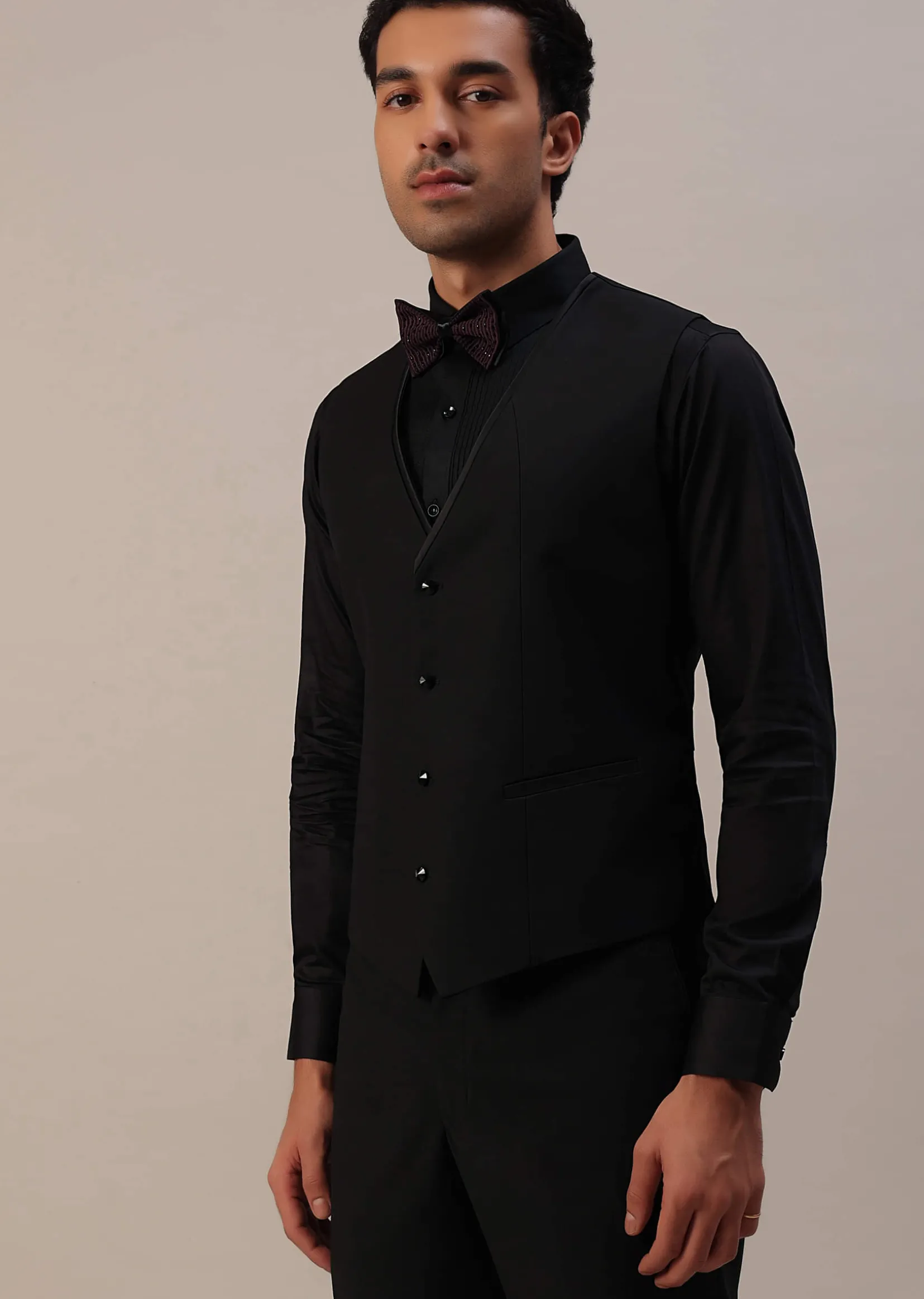 Plum Purple Stone Studded Tuxedo Set In Polyester