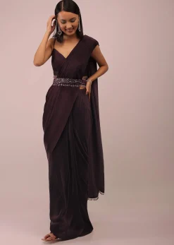 Plum Saree With Moti And Cut Dana Fringes Detailing On The Pallu And A Spaghetti Straps Crop Top With An Embroidered Belt In Fringes