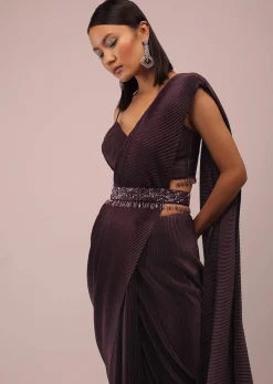 Plum Saree With Moti And Cut Dana Fringes Detailing On The Pallu And A Spaghetti Straps Crop Top With An Embroidered Belt In Fringes