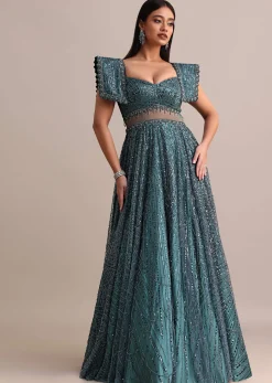 Poseidon Teal Circular Flared Gown With Fancy Sleeves