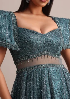 Poseidon Teal Circular Flared Gown With Fancy Sleeves