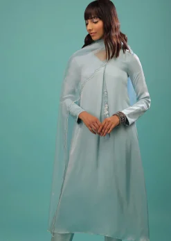 Powder Blue Bemberg Silk Kurti Suit With Dupatta And Silk Pants