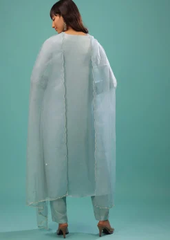 Powder Blue Bemberg Silk Kurti Suit With Dupatta And Silk Pants
