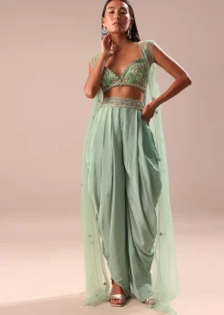 Powder Blue Dhoti And Jacket With Embroidered Blouse