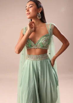 Powder Blue Dhoti And Jacket With Embroidered Blouse