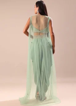 Powder Blue Dhoti And Jacket With Embroidered Blouse