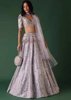 Powder Blue Embroidered Bridal Lehenga Set In Raw Silk