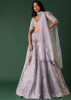 Powder Blue Embroidered Bridal Lehenga Set In Raw Silk