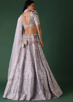 Powder Blue Embroidered Bridal Lehenga Set In Raw Silk