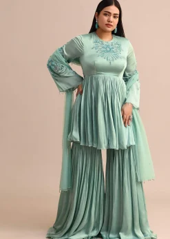 Powder Blue Embroidered Kurta Sharara With Dupatta