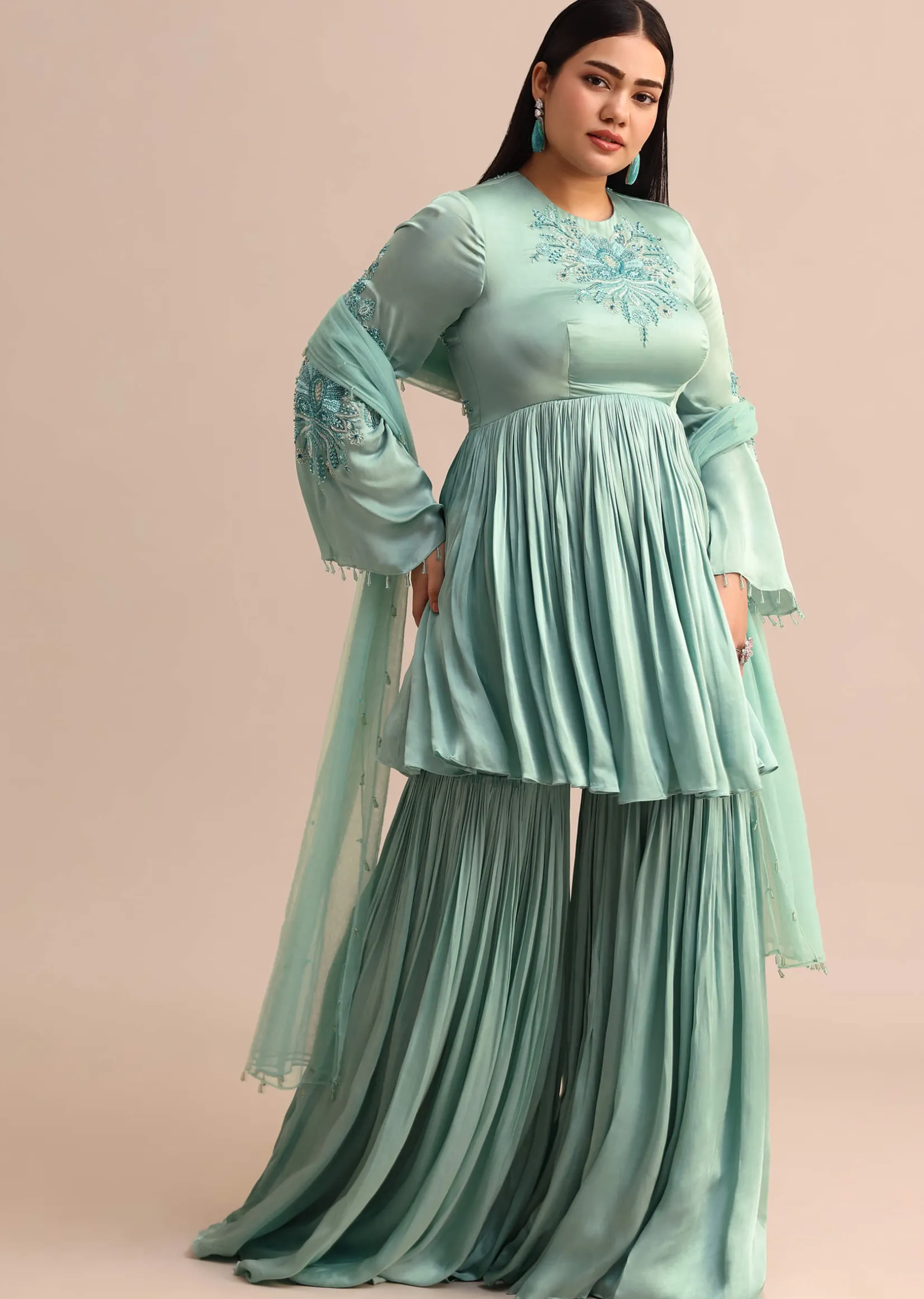 Powder Blue Embroidered Kurta Sharara With Dupatta
