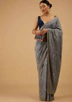 Powder Blue Festive Saree Kashmiri Embroidered In Georgette