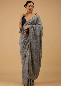 Powder Blue Festive Saree Kashmiri Embroidered In Georgette