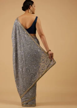 Powder Blue Festive Saree Kashmiri Embroidered In Georgette