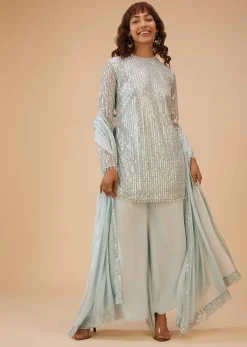 Powder Blue Palazzo Suit Set In Sequin