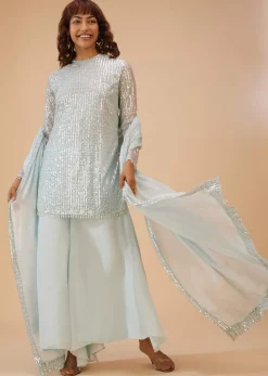 Powder Blue Palazzo Suit Set In Sequin