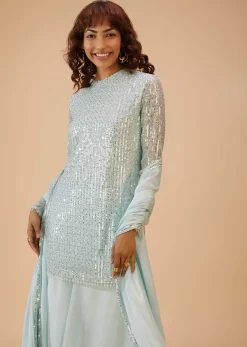 Powder Blue Palazzo Suit Set In Sequin