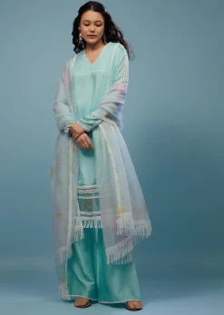 Powder Blue Palazzo Suit Set In Viscose Silk