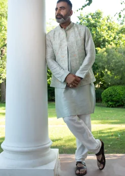 Powder Blue Raw Silk Resham Zardosi Handwork Kurta Jacket Set