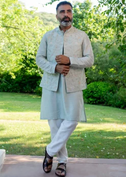 Powder Blue Raw Silk Resham Zardosi Handwork Kurta Jacket Set