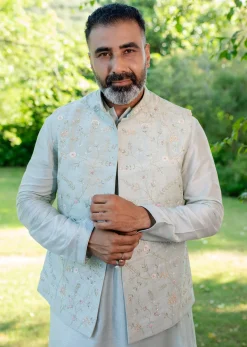 Powder Blue Raw Silk Resham Zardosi Handwork Kurta Jacket Set