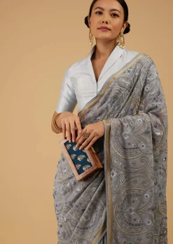 Powder Blue Saree Kashmiri Embroidered In Georgette