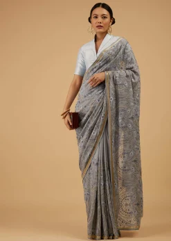 Powder Blue Saree Kashmiri Embroidered In Georgette
