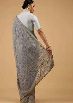 Powder Blue Saree Kashmiri Embroidered In Georgette