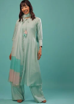 Powder Blue Silk A Line Palazzo Suit With Mirror Work