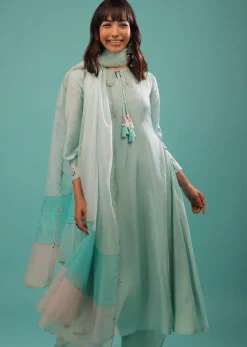 Powder Blue Silk A Line Palazzo Suit With Mirror Work