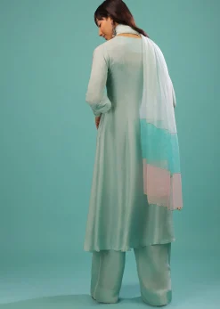 Powder Blue Silk A Line Palazzo Suit With Mirror Work