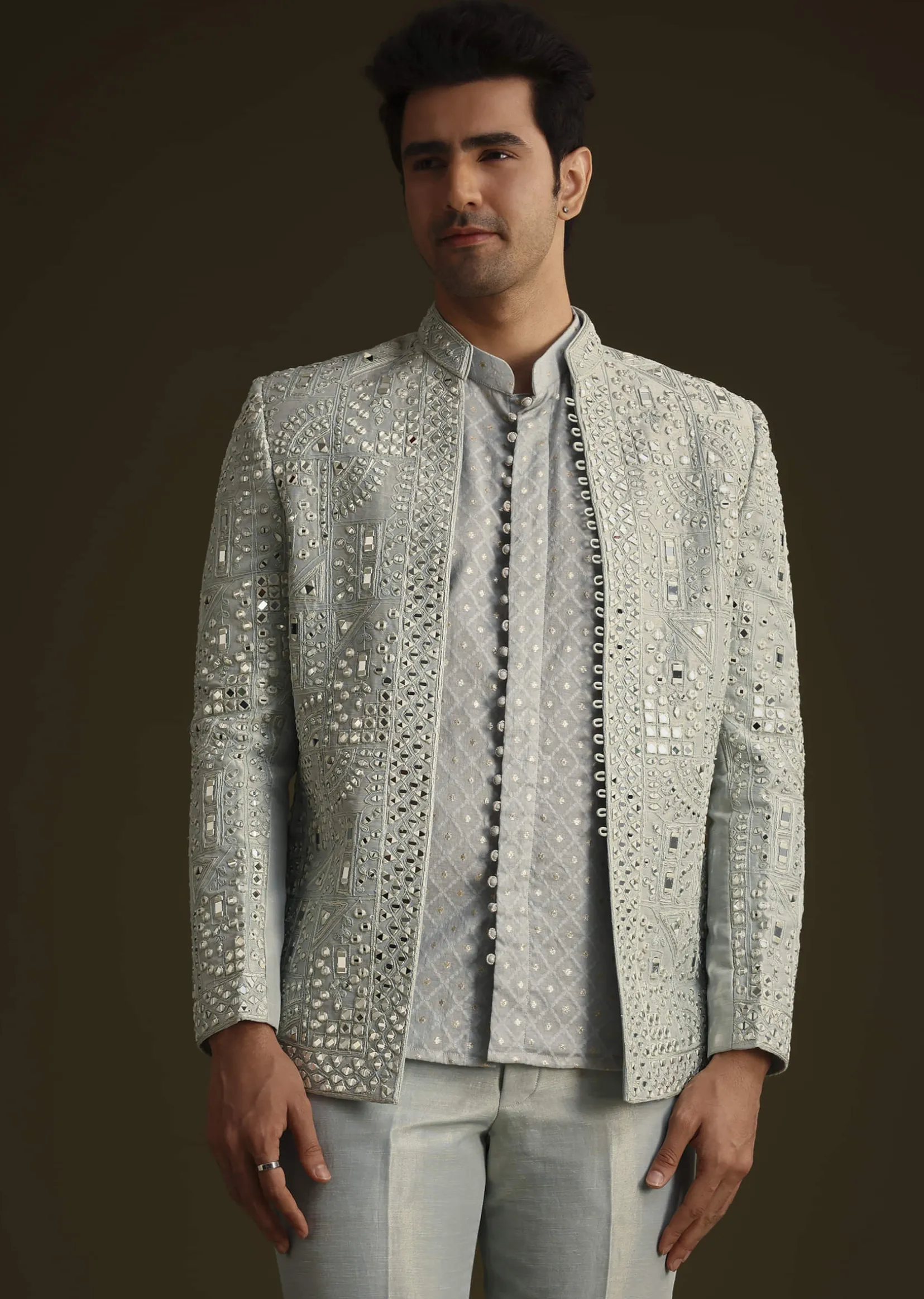 Powder Blue Silk Mirror Work Indo Jacket Set