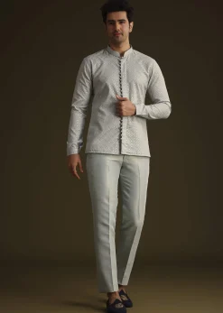 Powder Blue Silk Mirror Work Indo Jacket Set