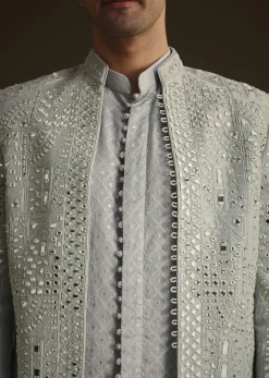 Powder Blue Silk Mirror Work Indo Jacket Set