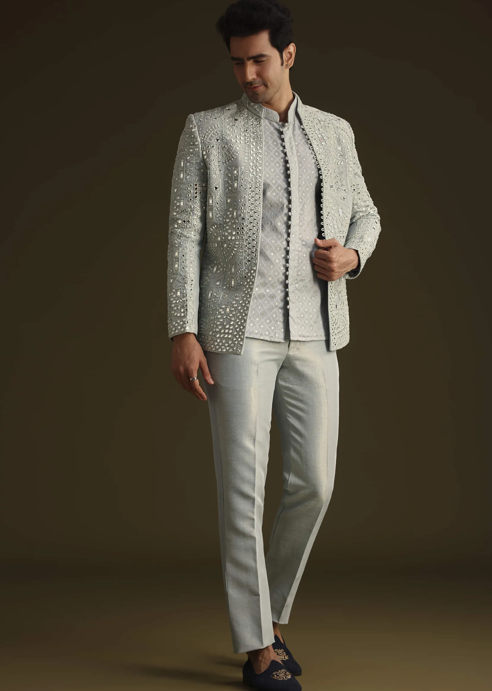 Powder Blue Silk Mirror Work Indo Jacket Set