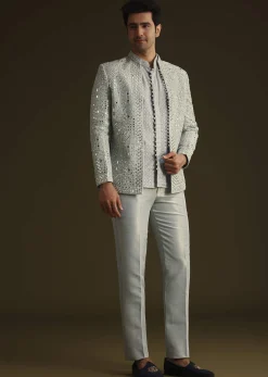 Powder Blue Silk Mirror Work Indo Jacket Set