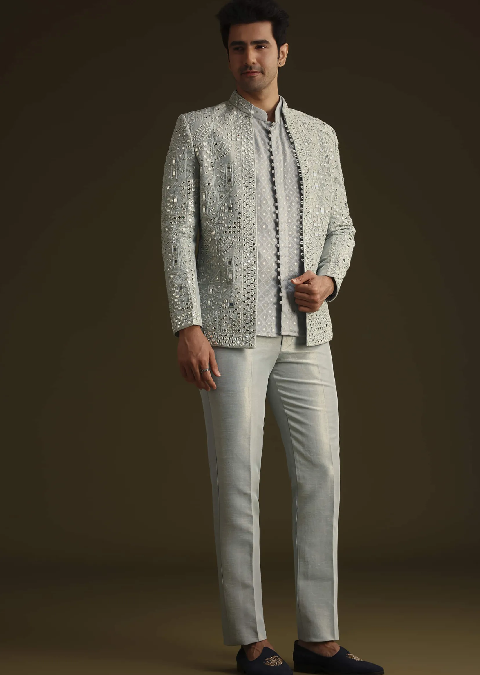 Powder Blue Silk Mirror Work Indo Jacket Set