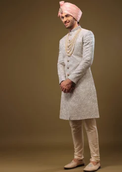 Powder Blue Silk Sherwani Set In Zari And Sequins Embroidery