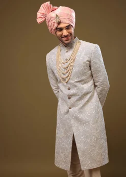 Powder Blue Silk Sherwani Set In Zari And Sequins Embroidery