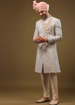Powder Blue Silk Sherwani Set In Zari And Sequins Embroidery