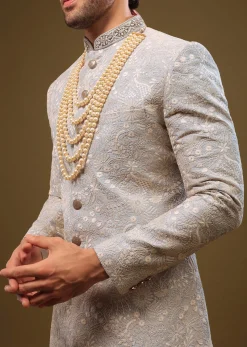 Powder Blue Silk Sherwani Set In Zari And Sequins Embroidery