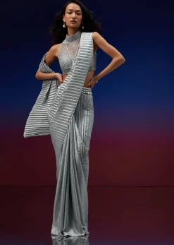 Powder Blue Silver Foil Open Saree With Net Blouse
